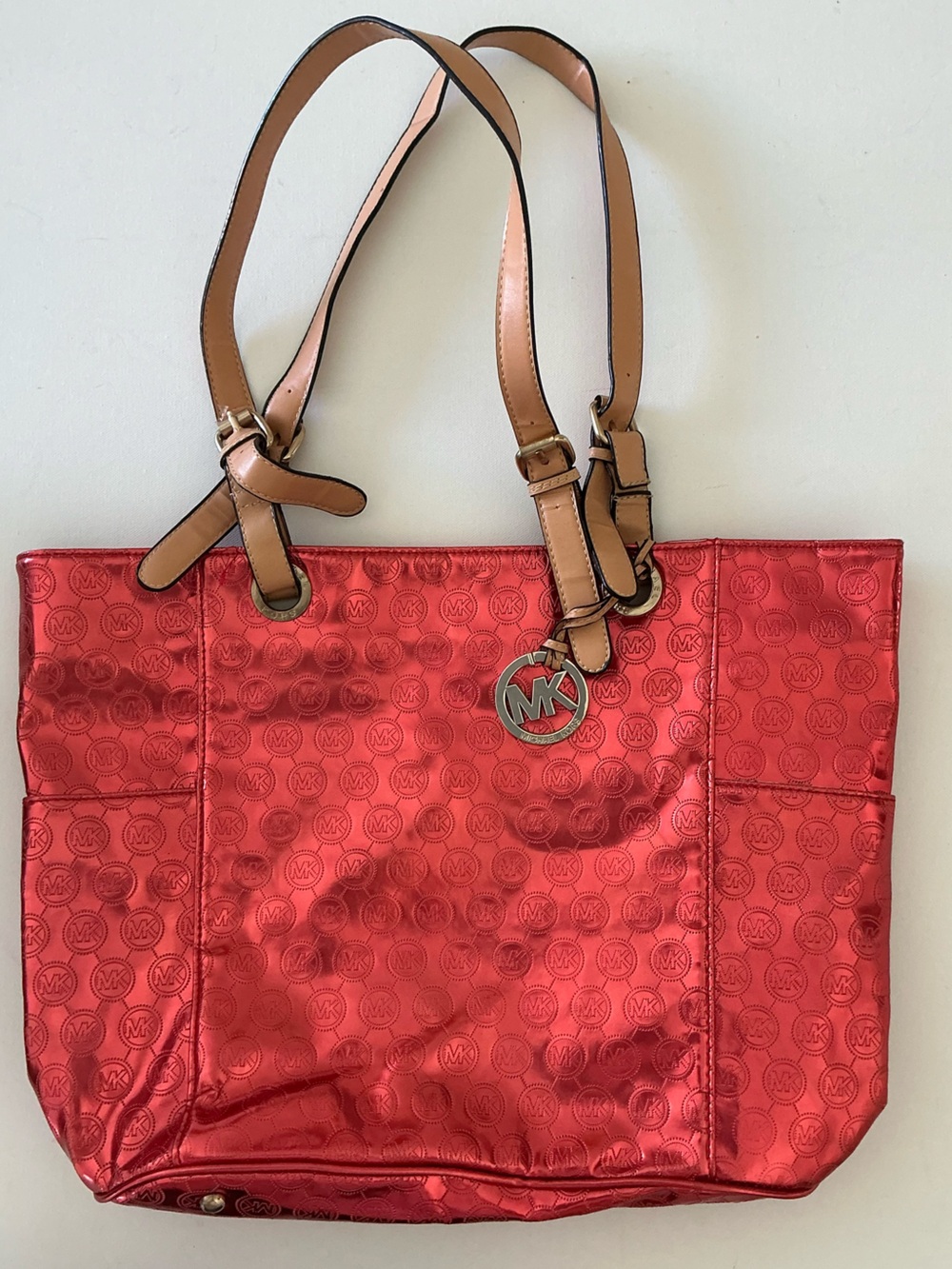 Michael Kors Jet Set Tote Coral Red Metallic MK Logo Large Shoulder Bag - Picture 8 of 12
